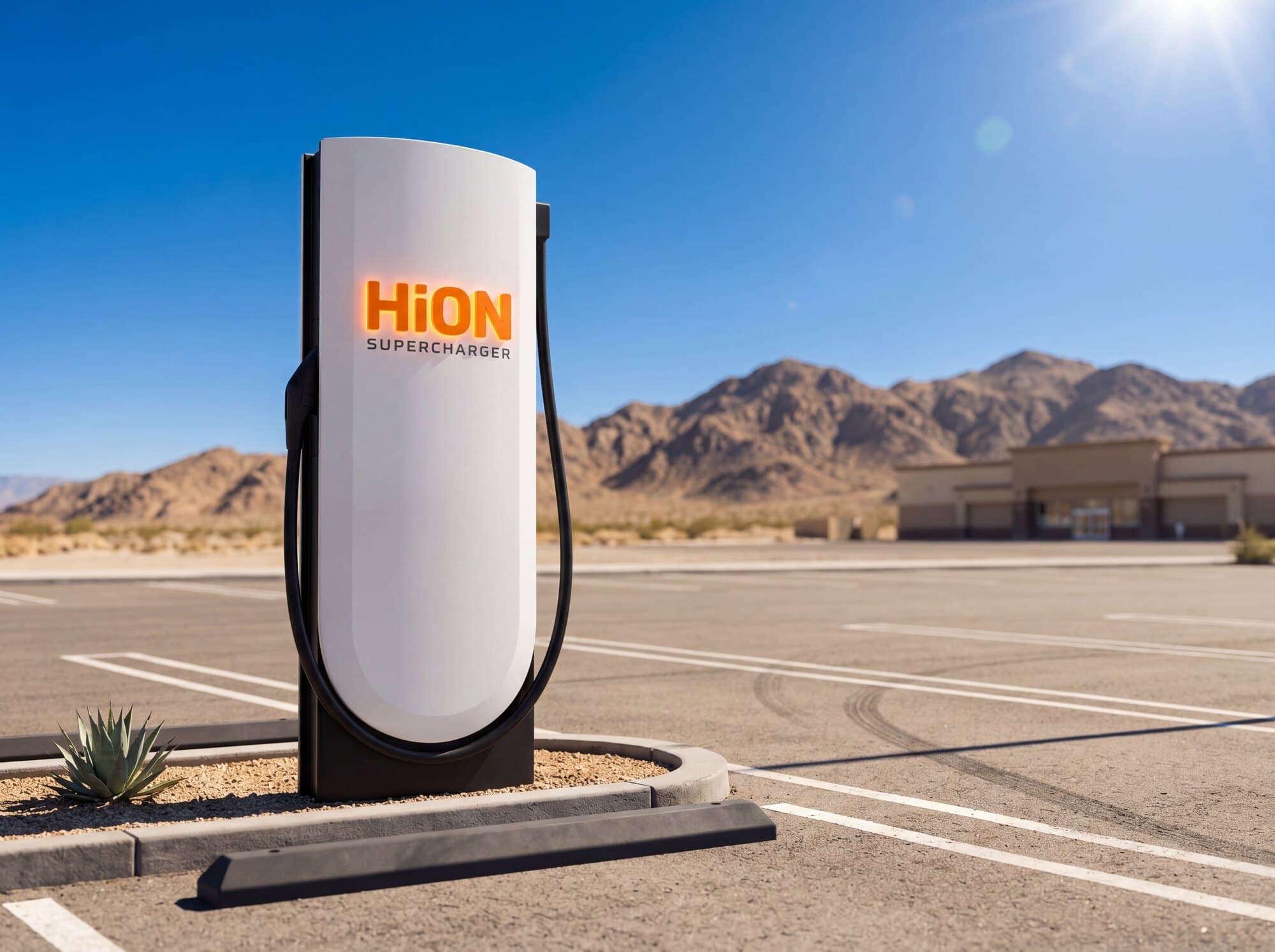A HiON Supercharger pillar in a sunlit high-desert lot, its matte-white face marked with the glowing orange HiON wordmark, dry mountains and a low retail building on the horizon.