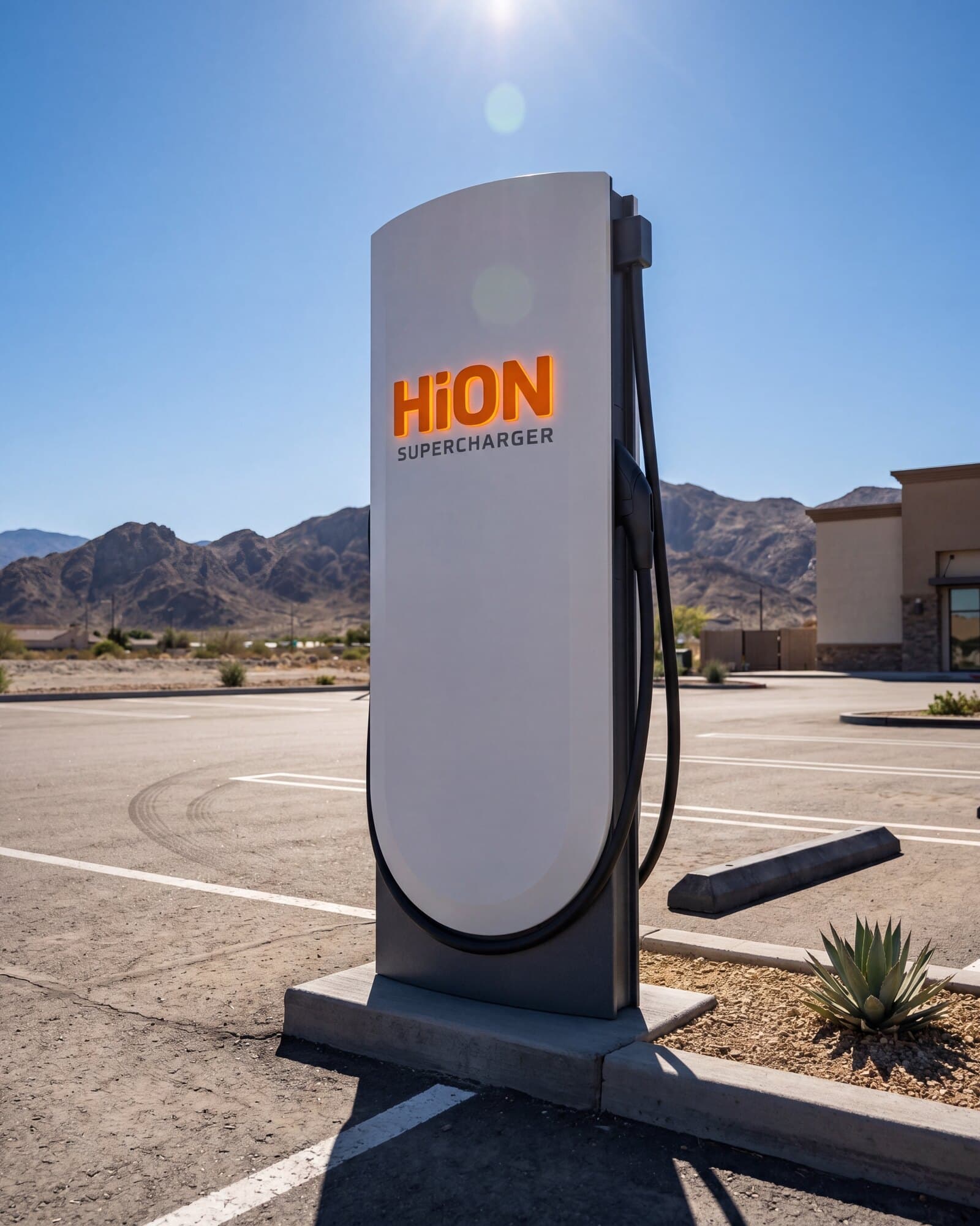A HiON Supercharger pillar rising tall in a sunlit high-desert lot, its matte-white face marked with the glowing orange HiON wordmark.
