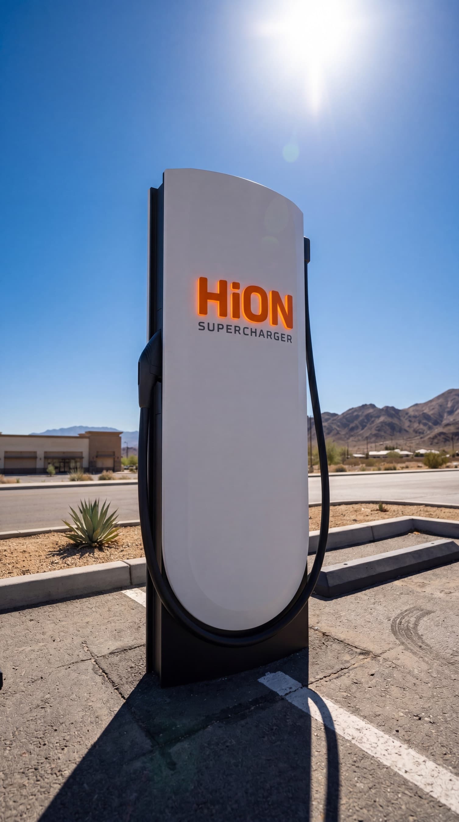 A HiON Supercharger pillar in a sunlit high-desert lot, its matte-white face marked with the glowing orange HiON wordmark, dry mountains on the horizon.