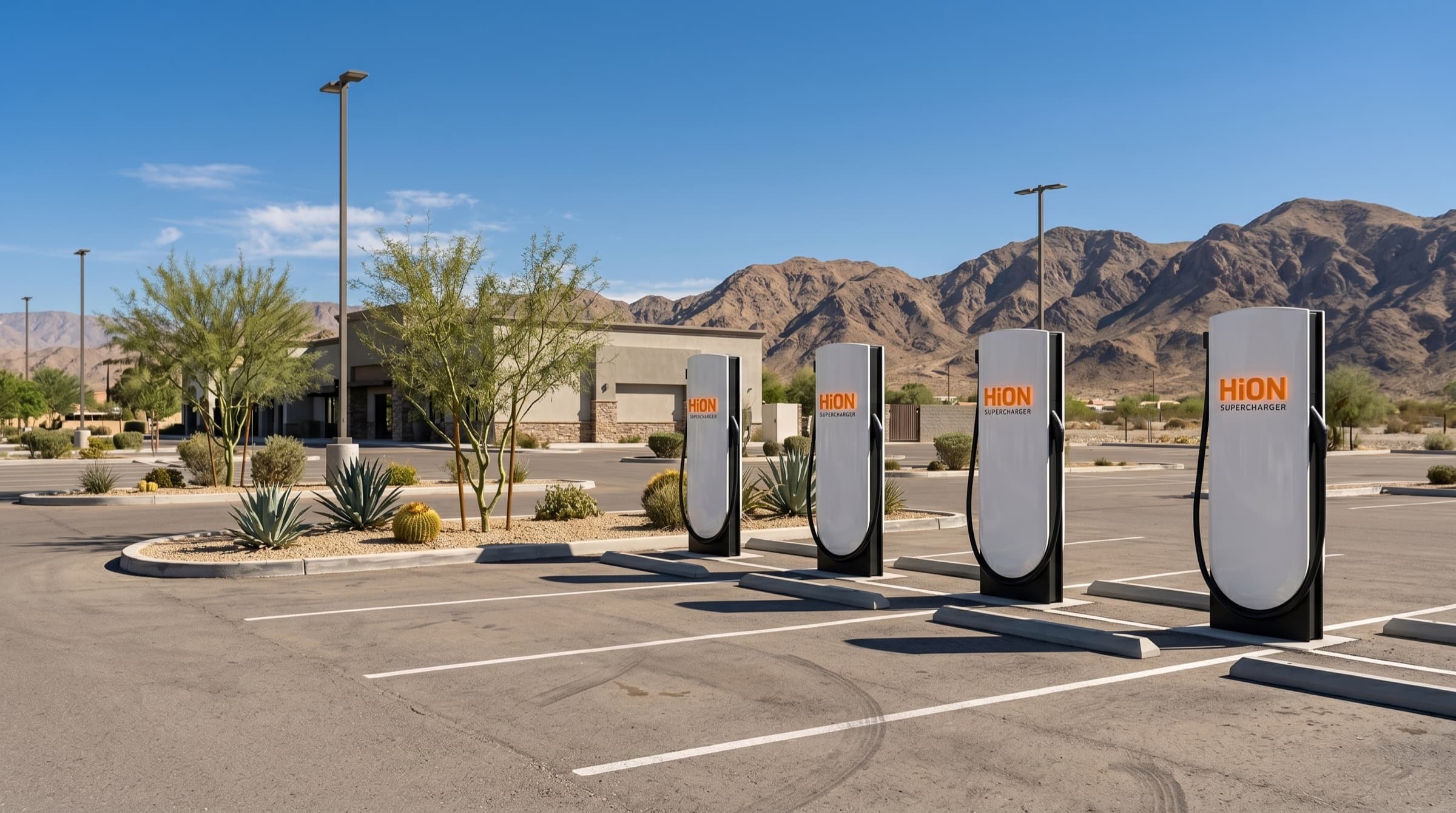 A row of HiON Supercharger pillars in a sunlit desert forecourt, each matte-white with the glowing orange HiON wordmark, mountains behind, no vehicles present.