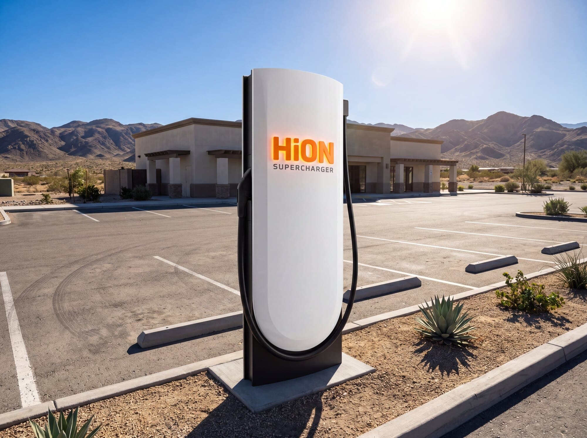 A HiON Supercharger pillar in its desert forecourt — painted stalls and open lot around it, dry mountains behind, the matte-white face marked with the glowing orange HiON wordmark.