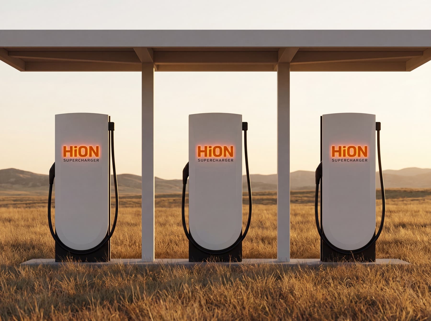 Three HiON Supercharger pillars under a weather canopy in golden light, each matte-white with the glowing orange HiON wordmark, the black charging cables resting on their side holsters, no vehicles present.