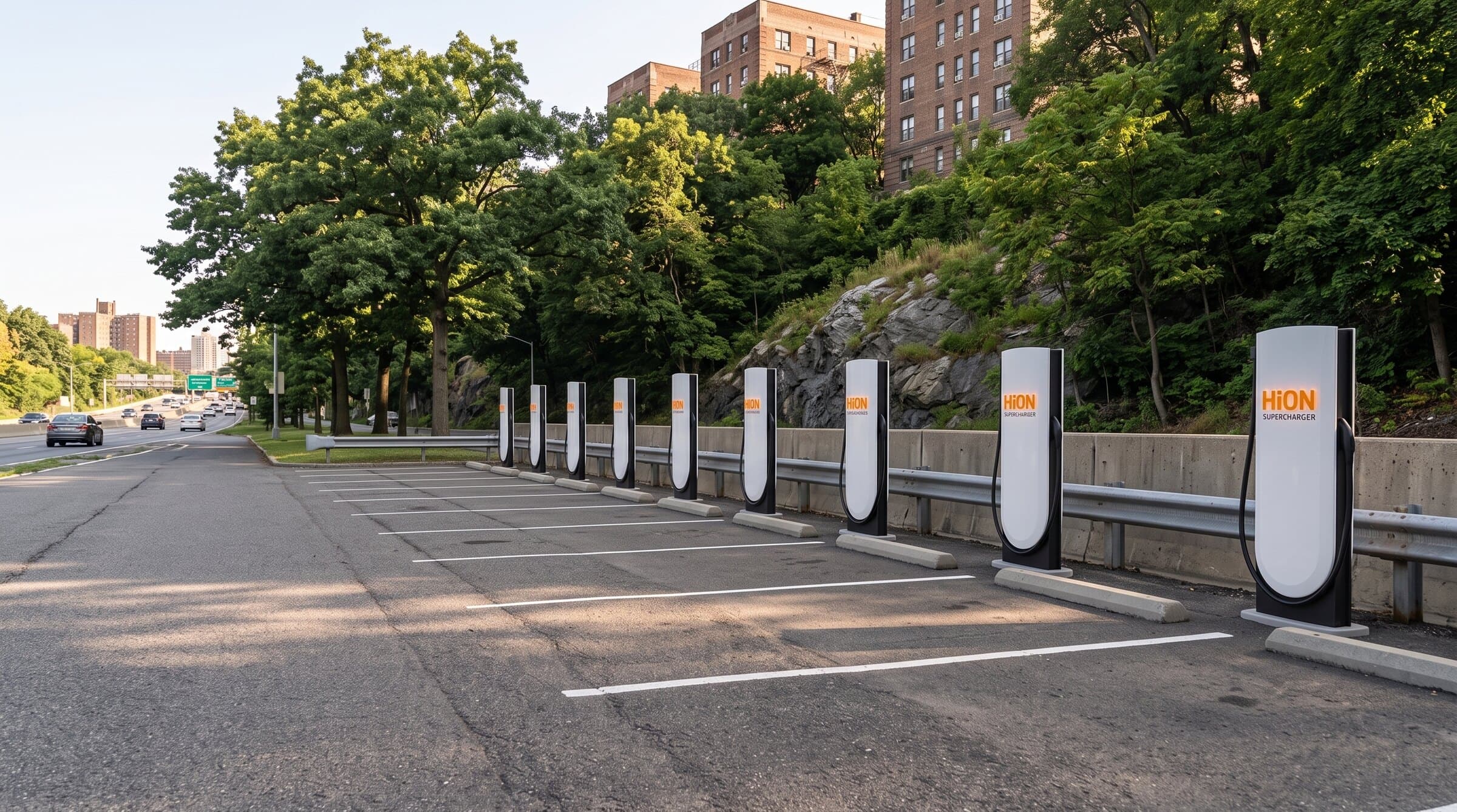 Rendering of HiON Supercharger pillars in a Bronx lot below a wooded park ridge — matte-white, each with the glowing orange HiON wordmark, bays empty and no vehicles present. Brand imagery, not a photograph of this station.