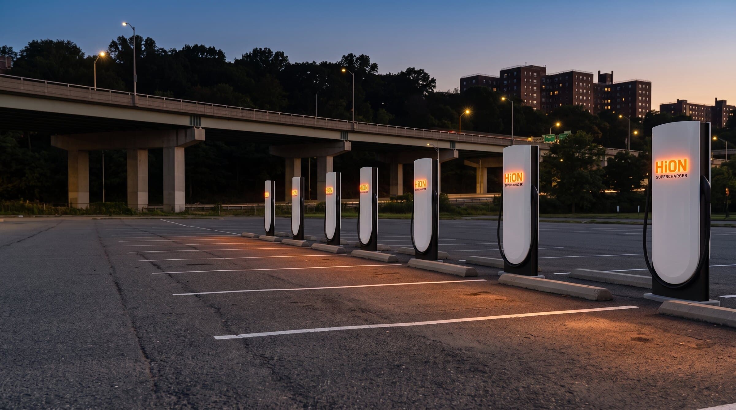 Rendering of HiON Supercharger pillars in a Bronx lot beside the elevated expressway at dusk — matte-white, each with the glowing orange HiON wordmark, bays empty and no vehicles present. Brand imagery, not a photograph of this station.