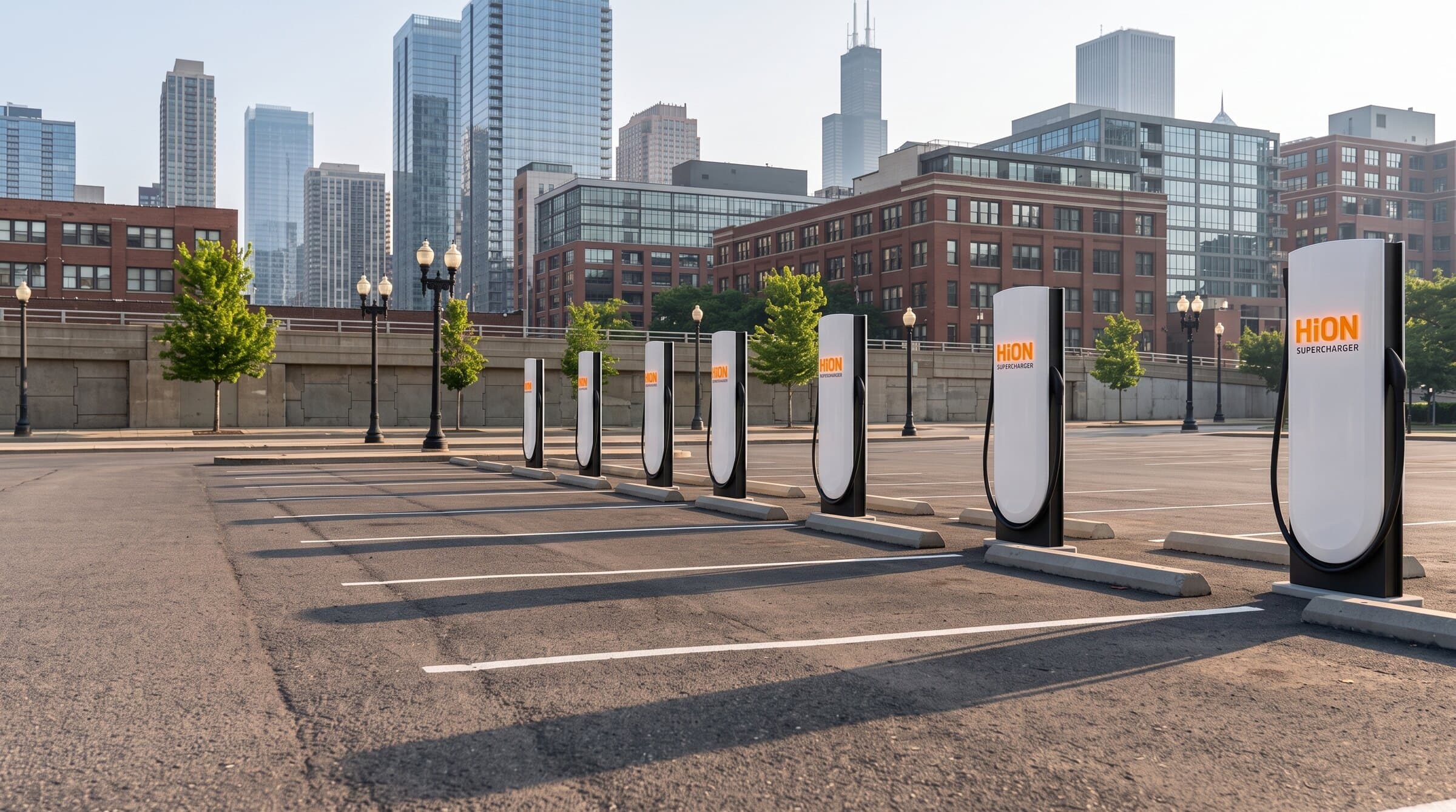 Rendering of HiON Supercharger pillars in a South Loop lot with the downtown Chicago skyline behind them — matte-white, each with the glowing orange HiON wordmark, bays empty and no vehicles present. Brand imagery, not a photograph of this station.
