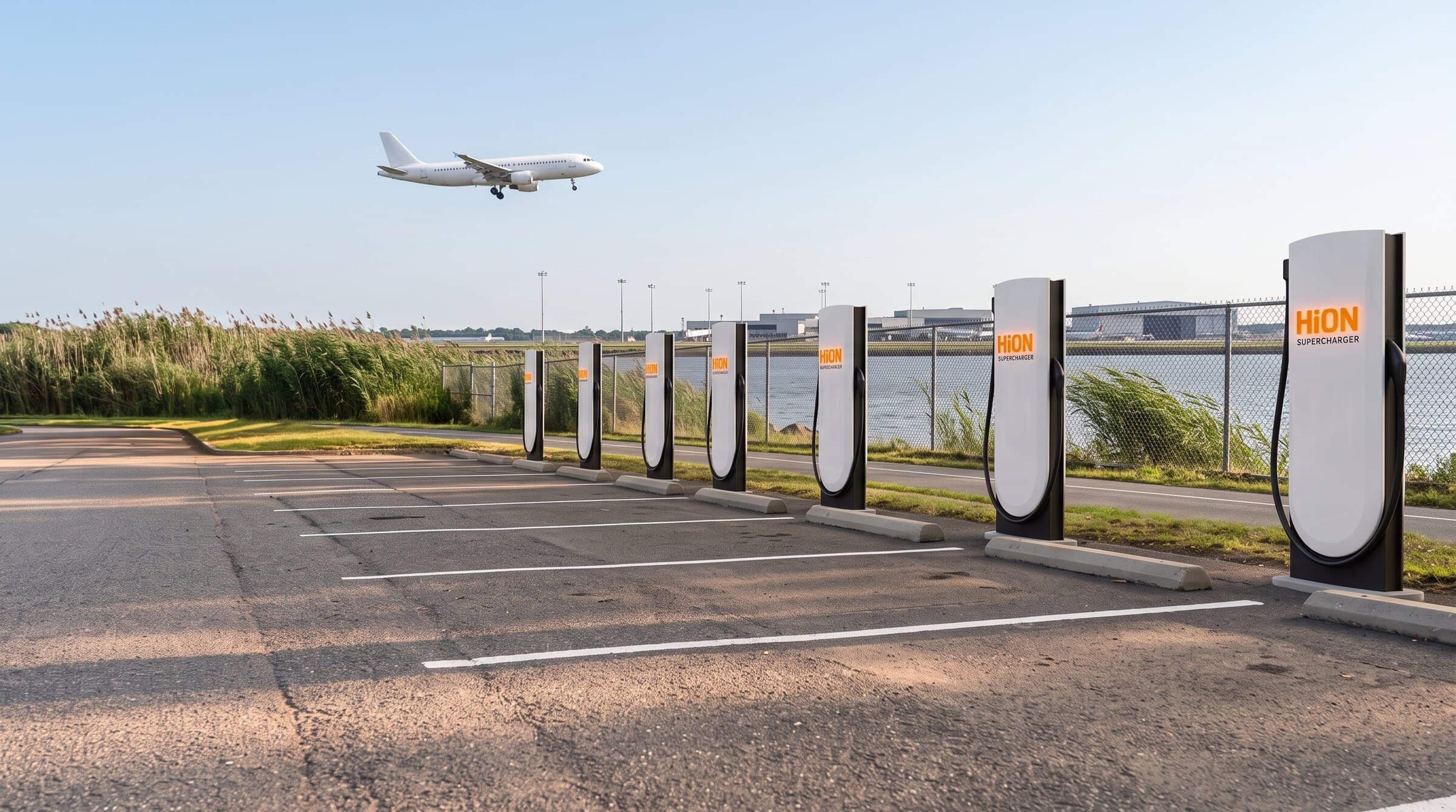 Rendering of HiON Supercharger pillars in an East Elmhurst lot beside the bay, an airliner on approach overhead — matte-white, each with the glowing orange HiON wordmark, bays empty and no vehicles present. Brand imagery, not a photograph of this station.
