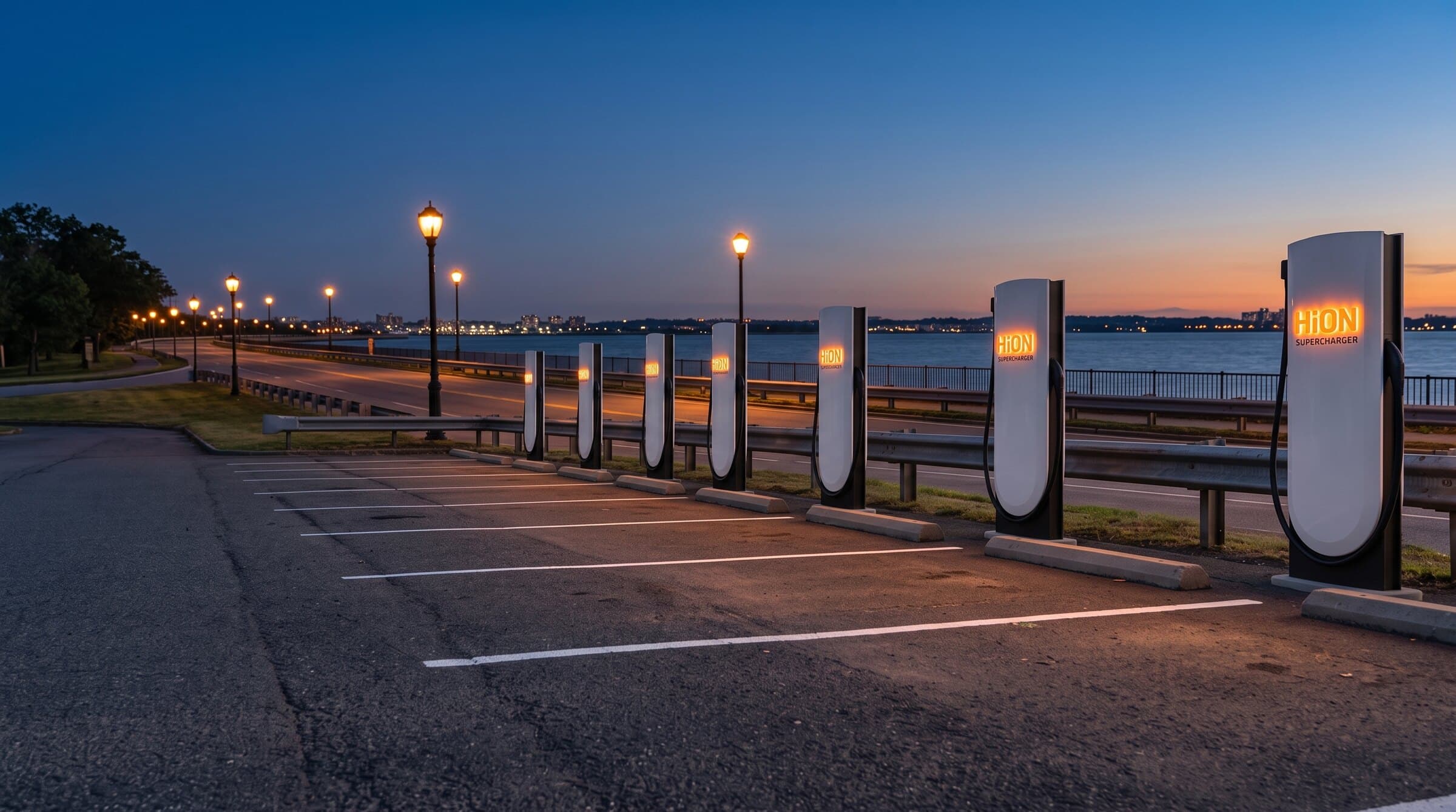 Rendering of HiON Supercharger pillars in an East Elmhurst lot beside the parkway at dusk — matte-white, each with the glowing orange HiON wordmark, bays empty and no vehicles present. Brand imagery, not a photograph of this station.