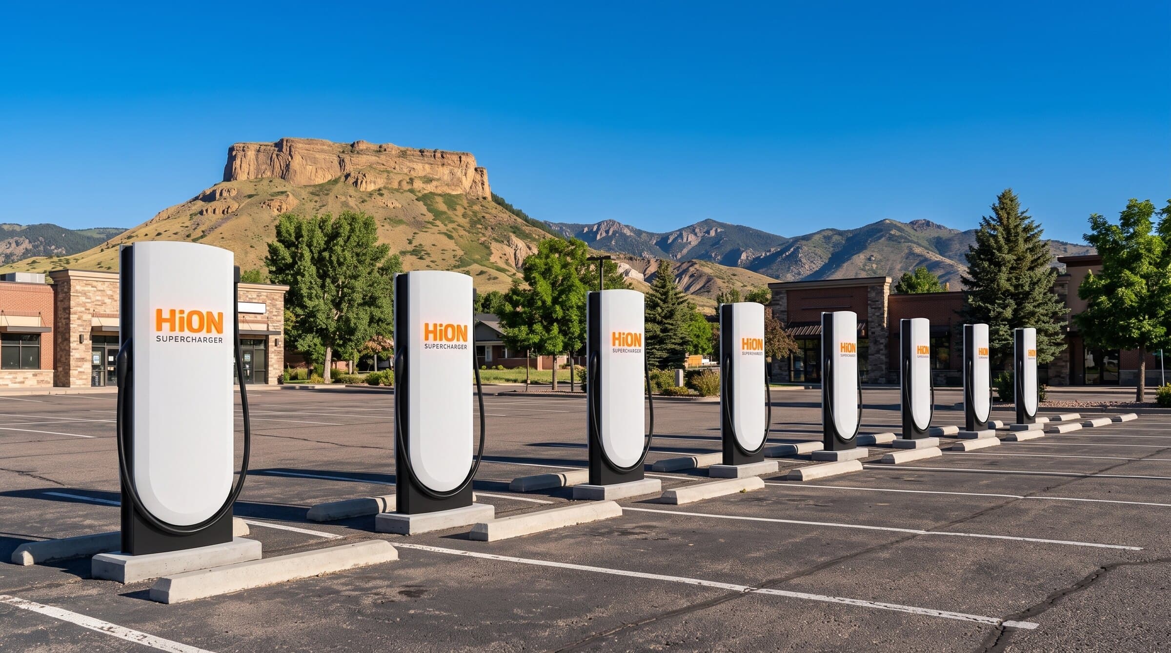 Rendering of HiON Supercharger pillars in a Golden, Colorado lot below the foothills, a flat-topped mesa behind them — matte-white, each with the glowing orange HiON wordmark, bays empty and no vehicles present. Brand imagery, not a photograph of this station.