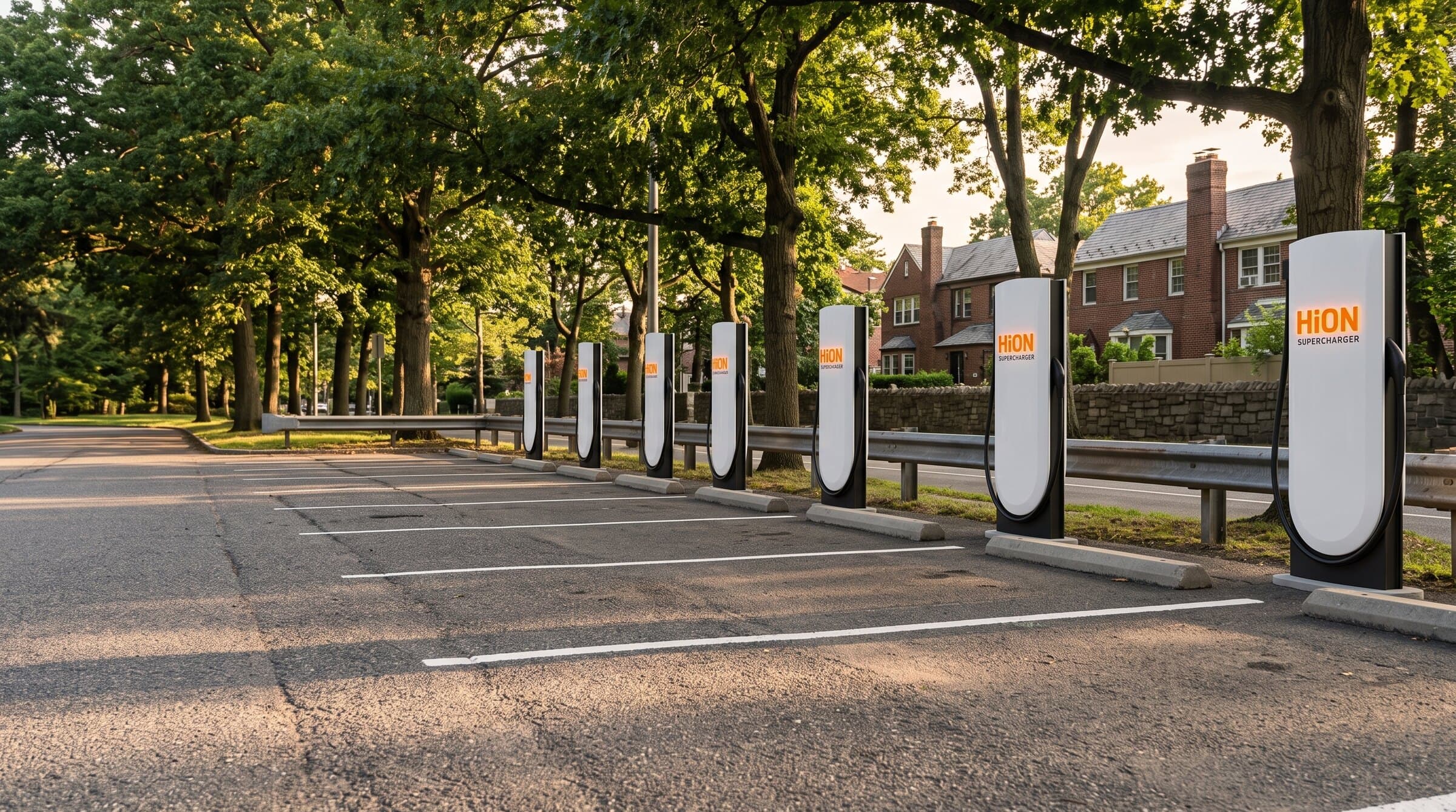 Rendering of HiON Supercharger pillars in a tree-lined lot beside a Queens parkway — matte-white, each with the glowing orange HiON wordmark, bays empty and no vehicles present. Brand imagery, not a photograph of this station.