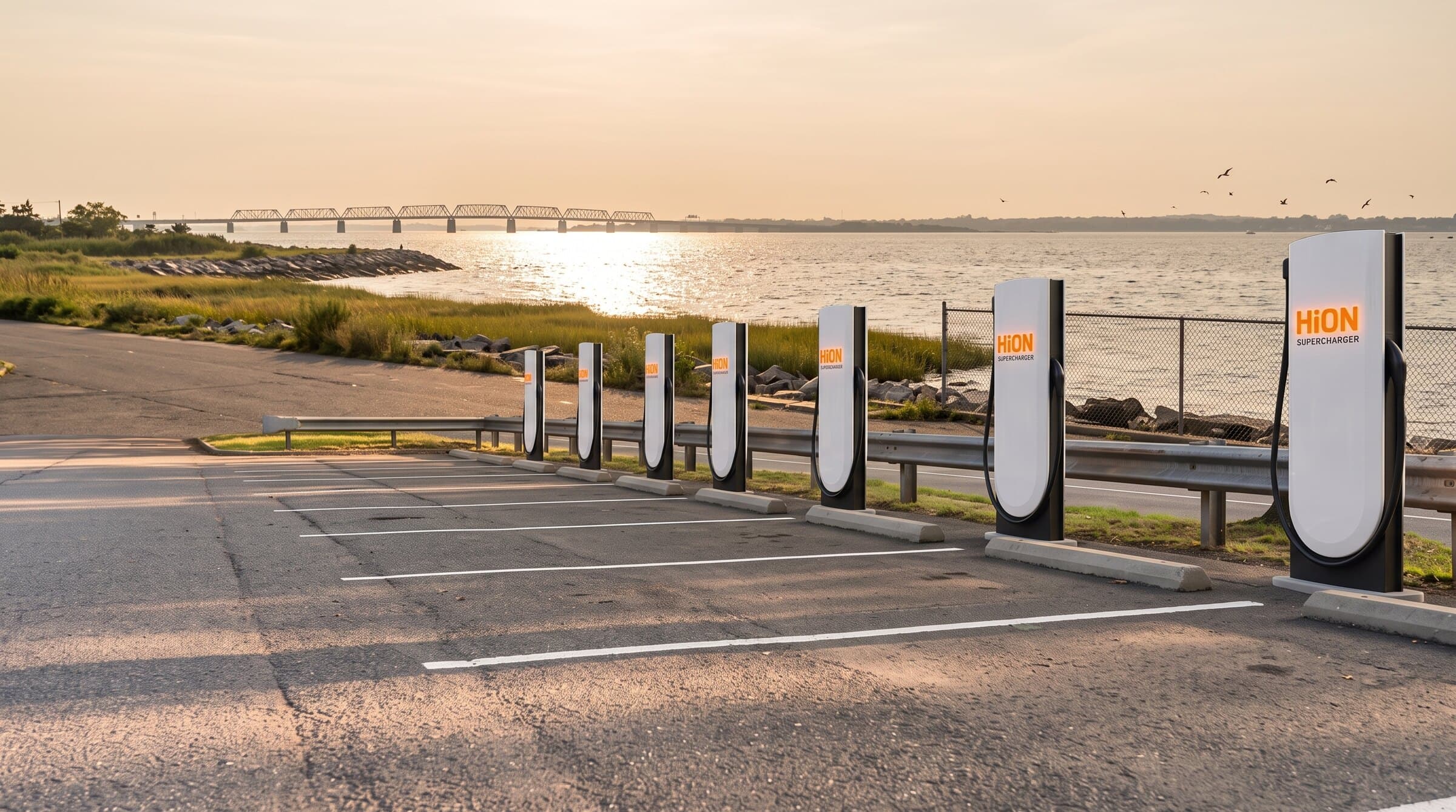 Rendering of HiON Supercharger pillars in a Brooklyn lot on the bay shore at golden hour, a low bridge on the horizon — matte-white, each with the glowing orange HiON wordmark, bays empty and no vehicles present. Brand imagery, not a photograph of this station.